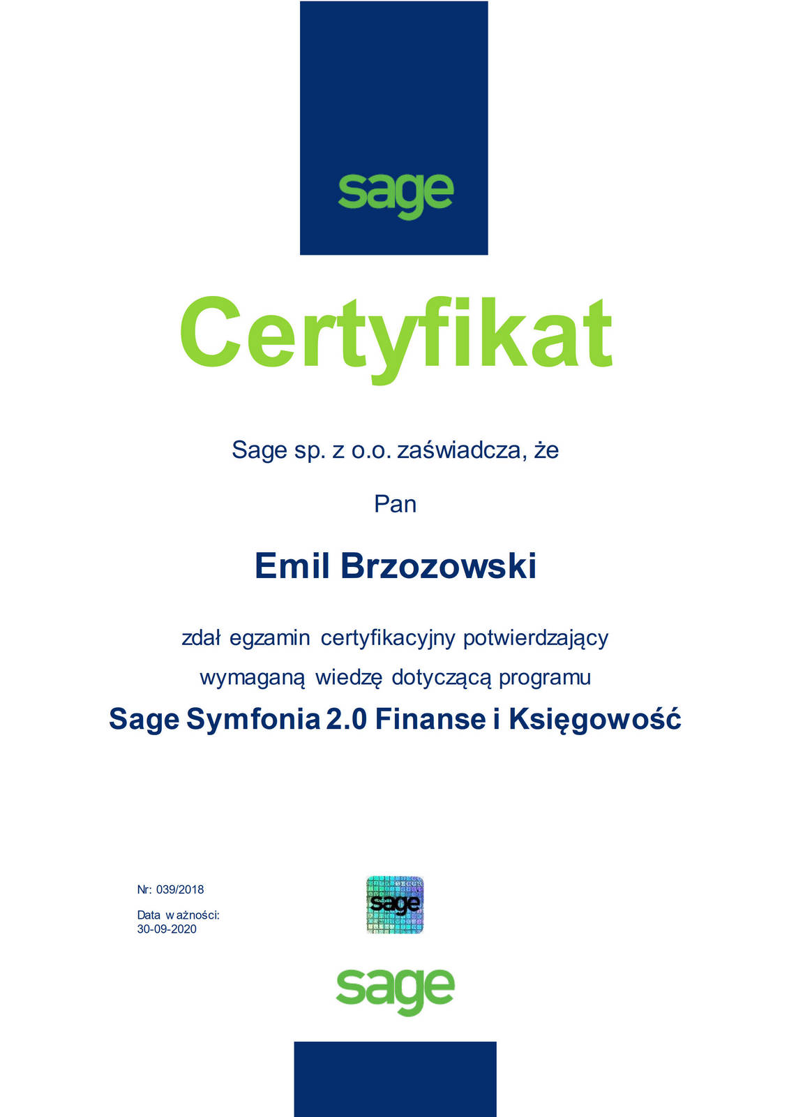 Certyfkat Emil Brzozowski - Sage Symfonia 2.0 Finanse i Księgowość