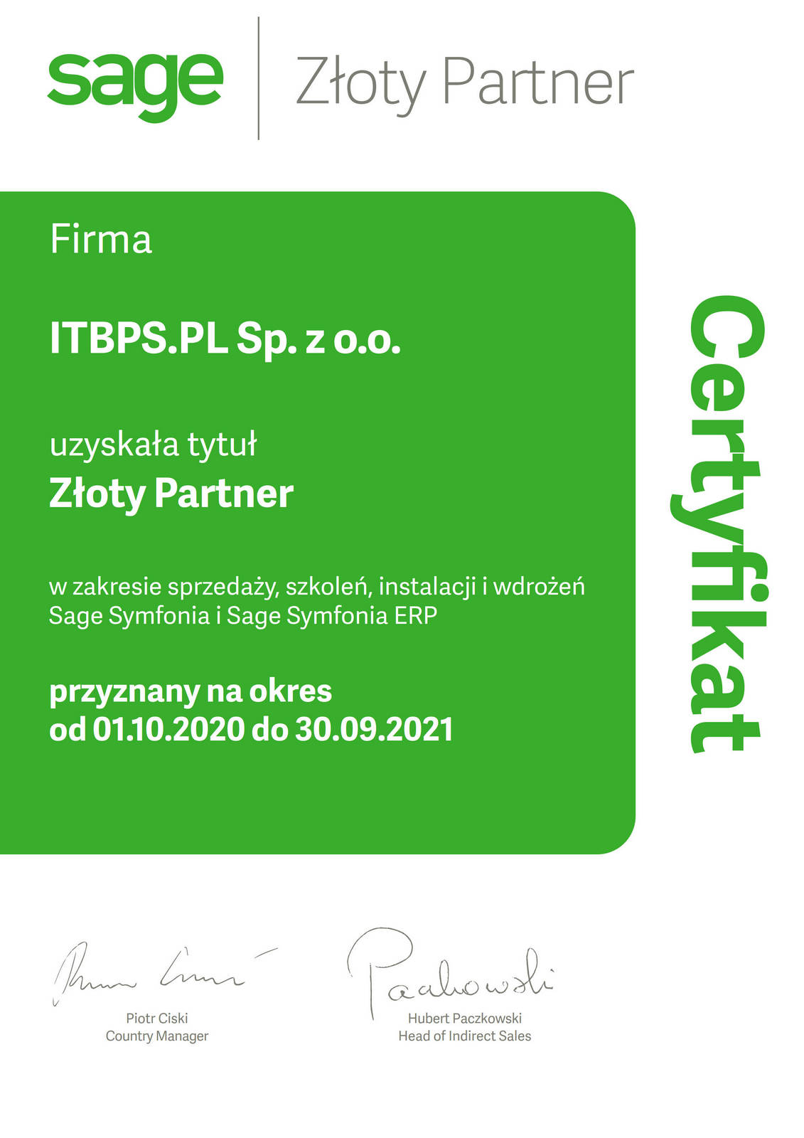 Certyfkat ITBPS.PL - złoty partner SAGE