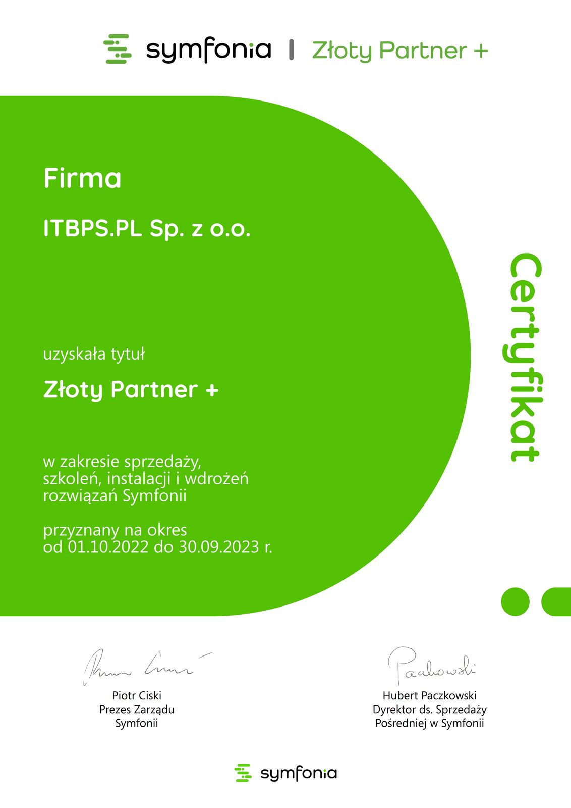 Certyfikat Synfonia Złoty Partner PLUS
