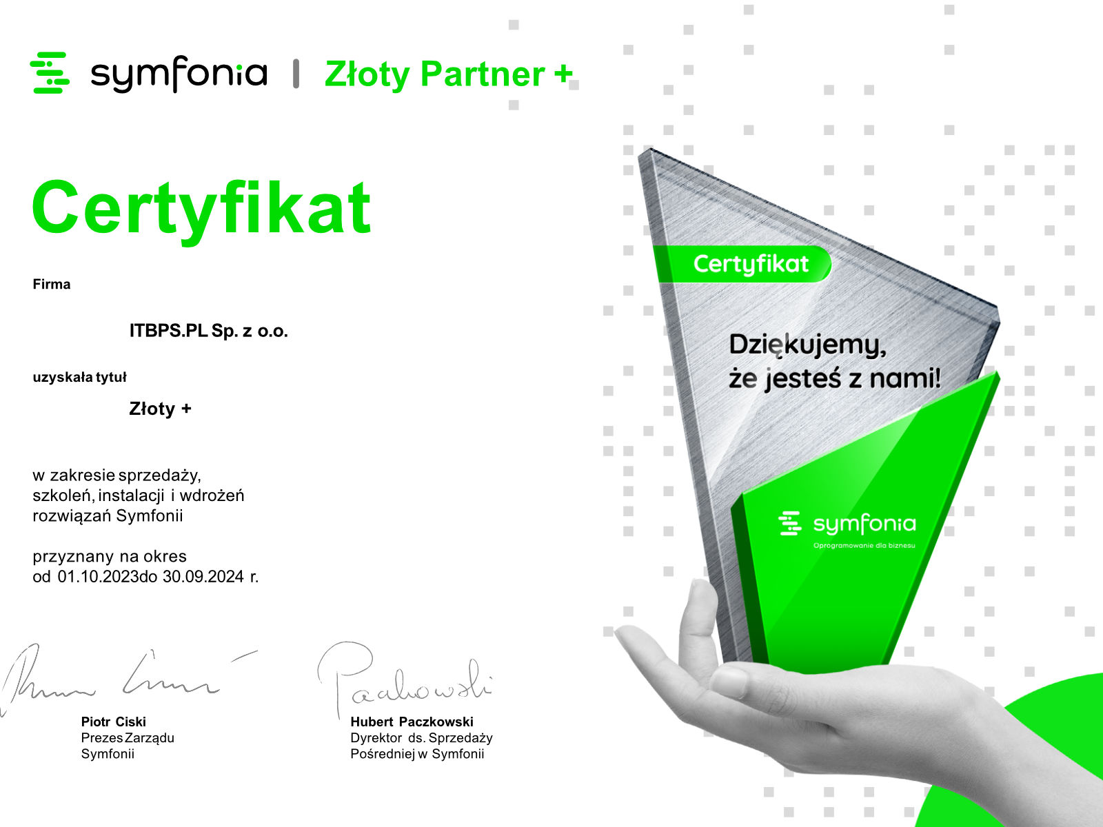 Certyfikat Synfonia Złoty Partner +