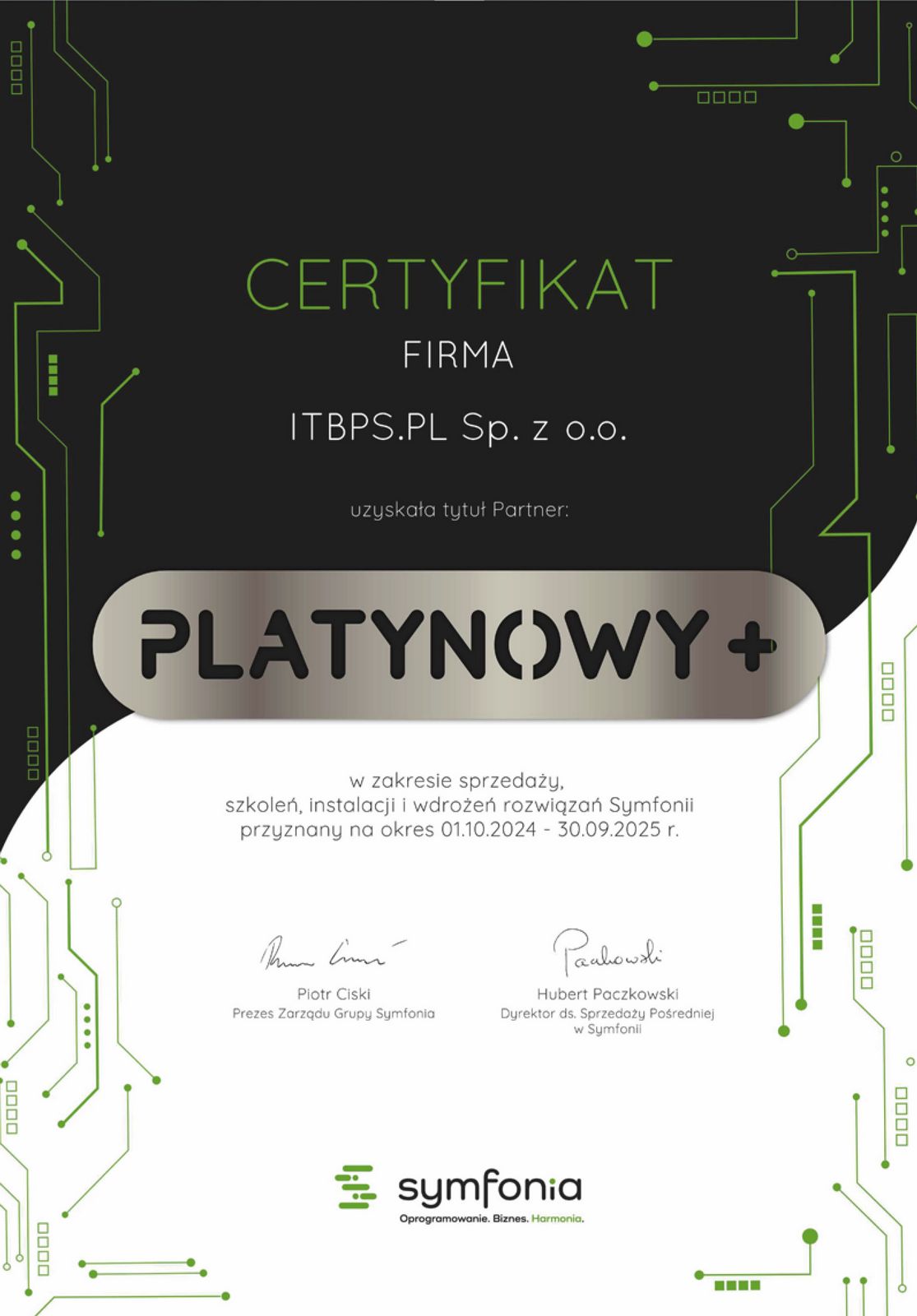 Certyfikat Symfonia Platynowy Partner +